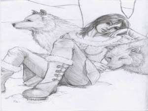 女孩和狼的素描。