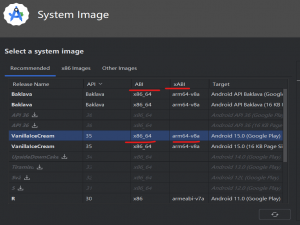 Android Studio 自带的官方模拟器，ABI这一列是x86_64，xABI这一列是arm64-v8a